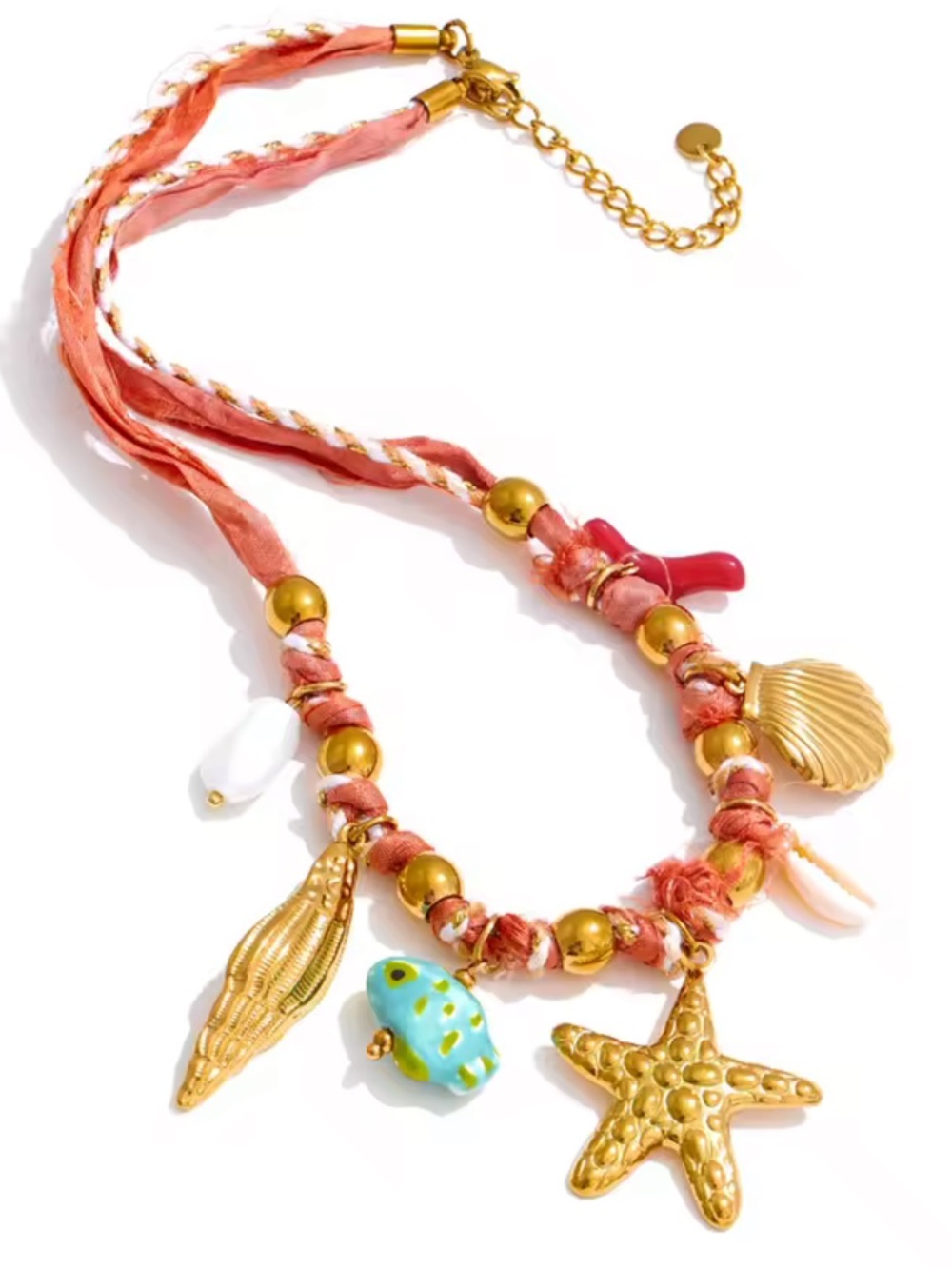 Cute Gold Starfish Beach Charm Necklace with Turquoise Fish